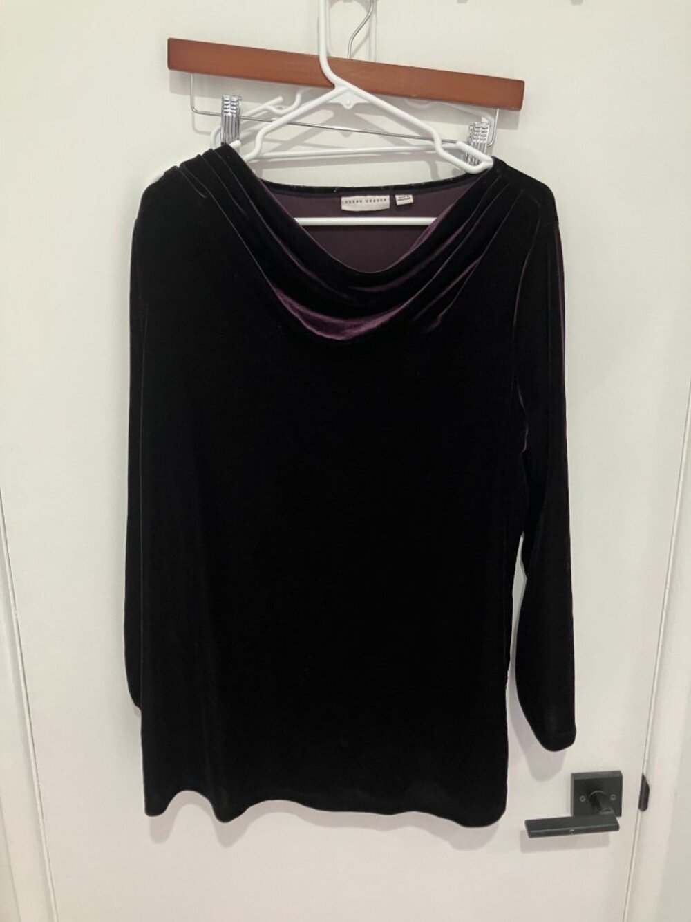 Susan Graver Black Velvet Cowl Neck Long Sleeve Top Blouse Large